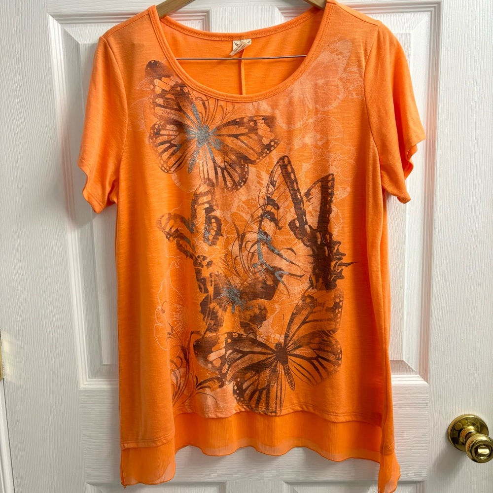 Y2K Butterfly Shirt XXL Short Sleeve Lightweight Faded Glory Sheer Hem